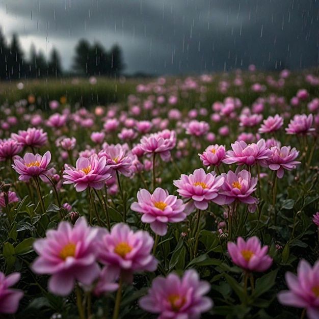 a field of pink flowers with rain pouring in the background