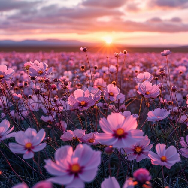 a field of pink flowers with the sun setting behind them