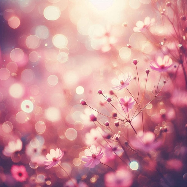 a field of pink flowers with the sun shining through the background