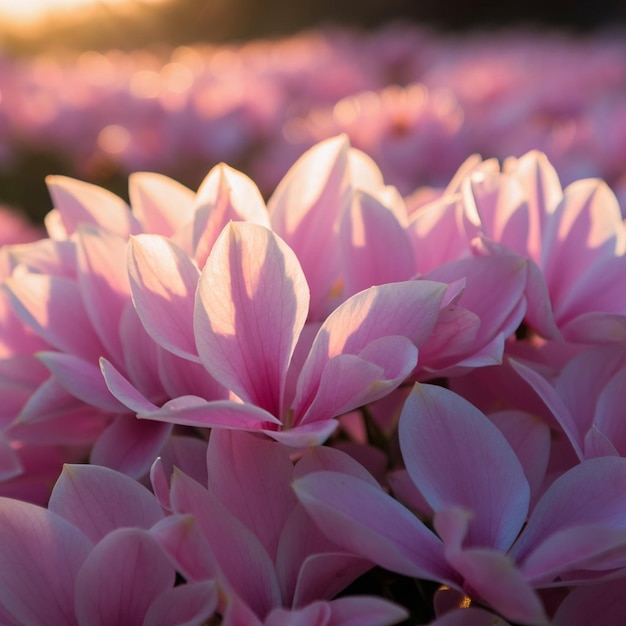 a field of pink flowers with the sun shining through them