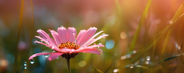 a field of pink flowers with water droplets