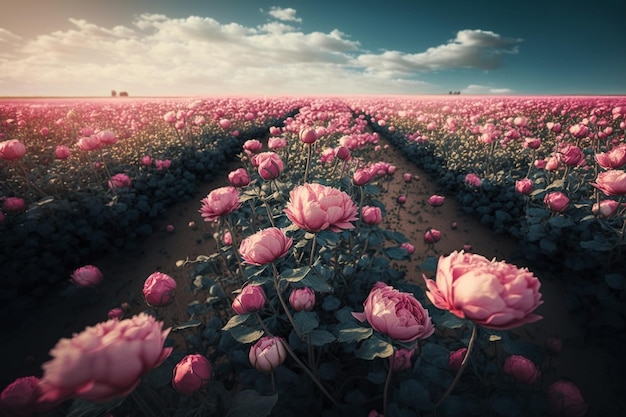 A field of pink roses with a cloudy sky in the background