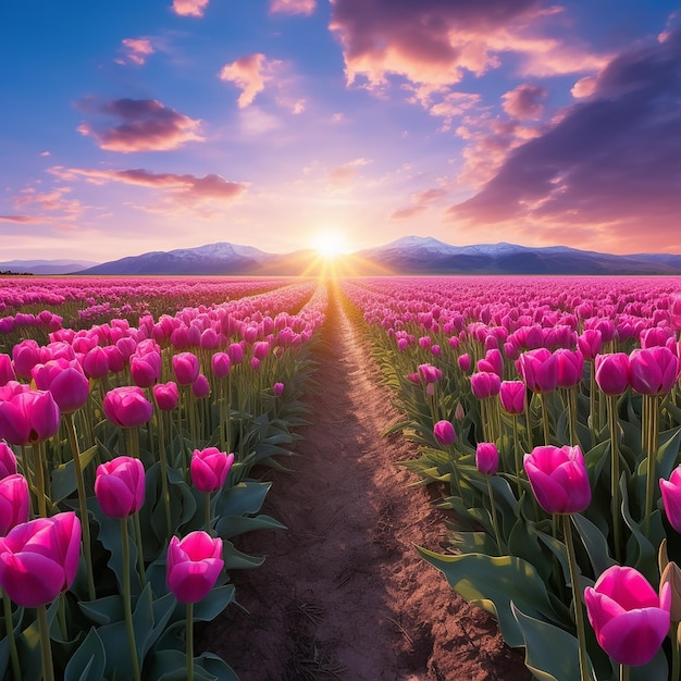 a field of pink tulips with mountains in the background