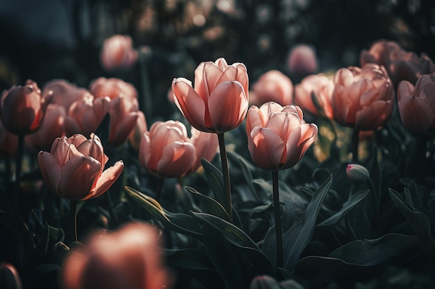 A field of pink tulips with the word tulips on the bottom.