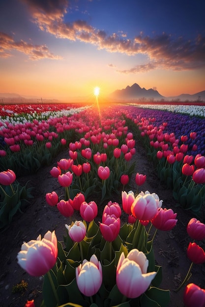 Field of pink and white tulips at sunset generative ai