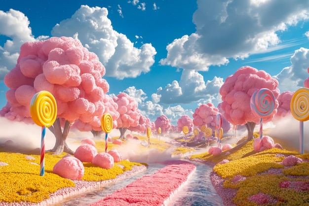 Photo a field of pink and yellow candy land with lollipops in the middle of it