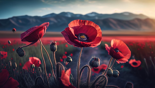 A field of poppies with mountains in the background generative AI