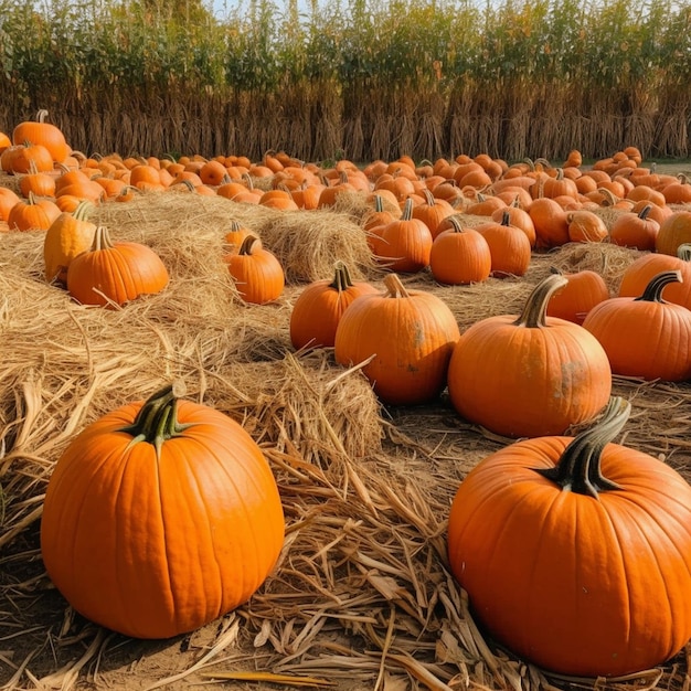 A field of pumpkins with a few others in the background.