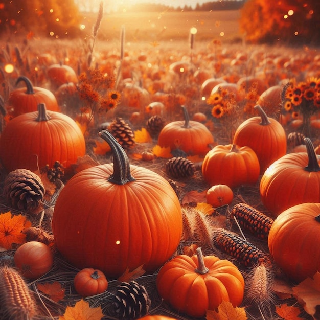 a field of pumpkins with the sun behind them