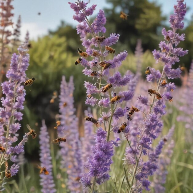 a field of purple flowers with bees flying around it