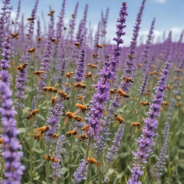 a field of purple flowers with bees on them