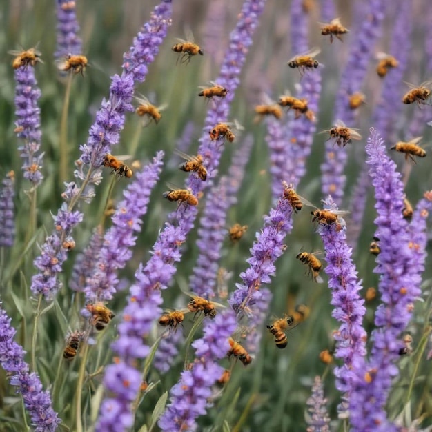 a field of purple flowers with bees on them