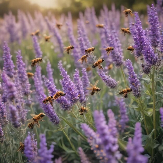 a field of purple flowers with bees on them