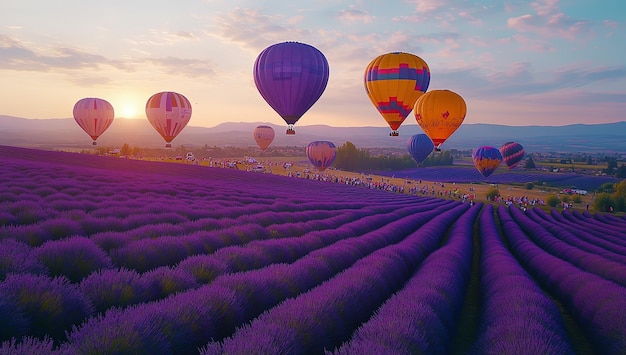 A field of purple flowers with hot air balloons flying over them