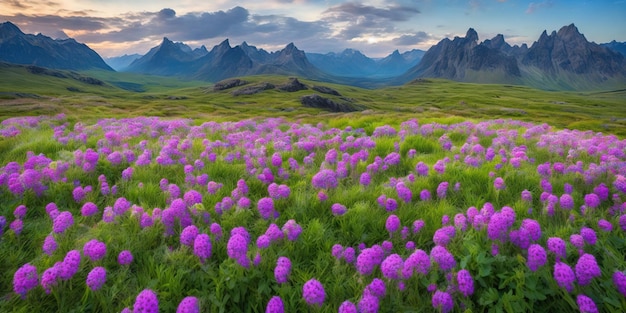 A field of purple flowers with mountains in the background