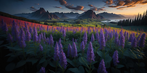 A field of purple flowers with mountains in the background.