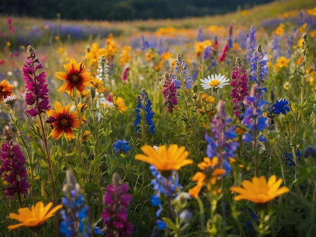 a field of purple flowers with purple flowers and yellow flowers