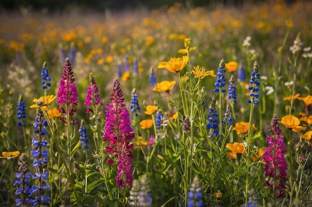 a field of purple flowers with purple flowers and yellow flowers