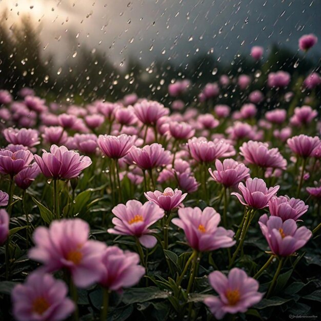 a field of purple flowers with rain drops on them