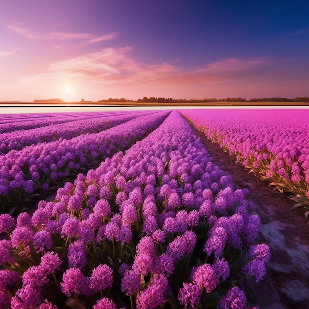 A field of purple flowers with the sun setting behind it