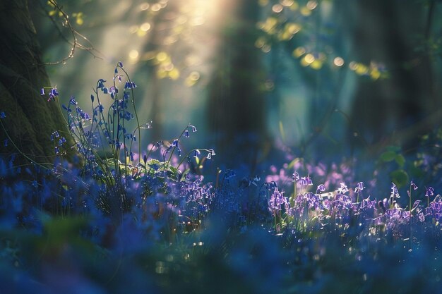 a field of purple flowers with the sun shining through the trees