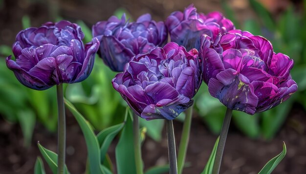 A field of purple tulips with one in the center that is slightly larger