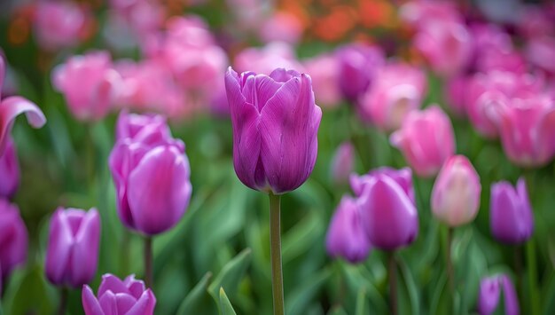 A field of purple tulips with one in the center that is slightly larger