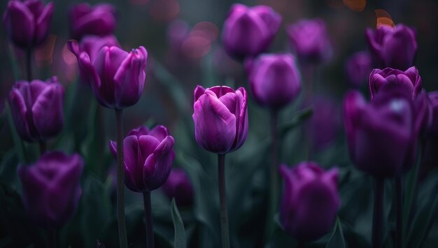 A field of purple tulips with one in the center that is slightly larger