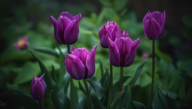 A field of purple tulips with one in the center that is slightly larger