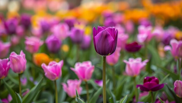 A field of purple tulips with one in the center that is slightly larger