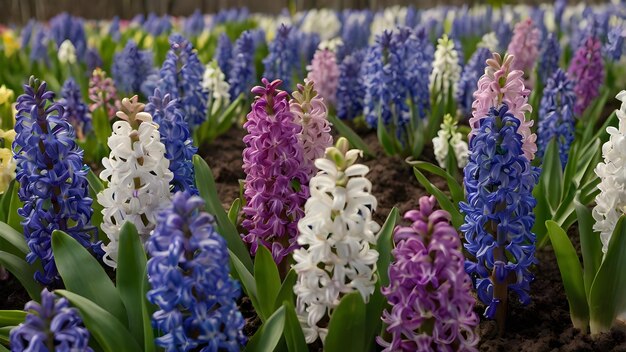 Photo a field of purple and white hyacinth flowers