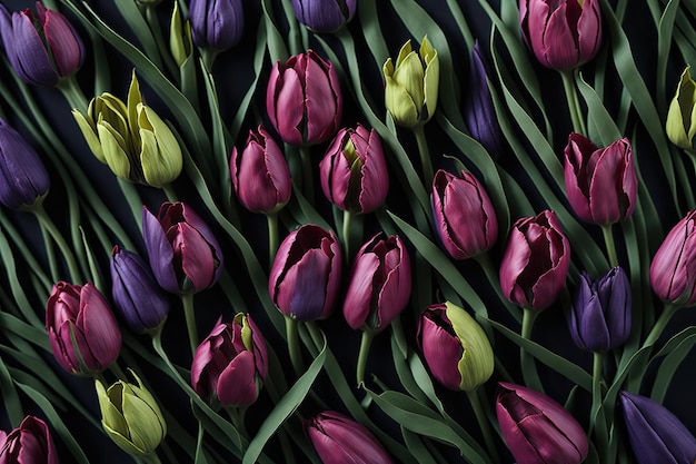 A field of purple and yellow tulips with the word tulips on the bottom.