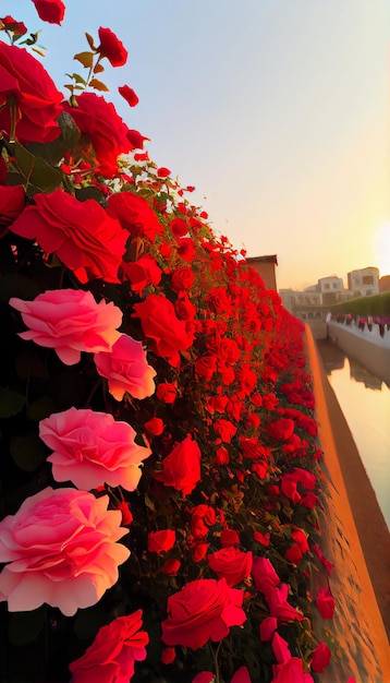 Field of red flowers next to a body of water generative ai