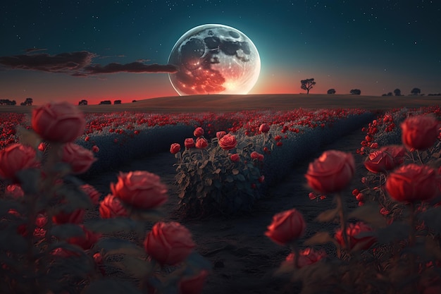 Field of red flowers in the moonlight , ai generated