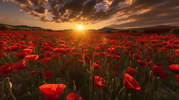 A field of red flowers with the sun setting behind it