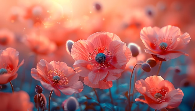 a field of red flowers with the sun shining through them