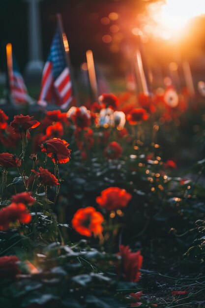 Photo a field of red flowers with the sun behind them