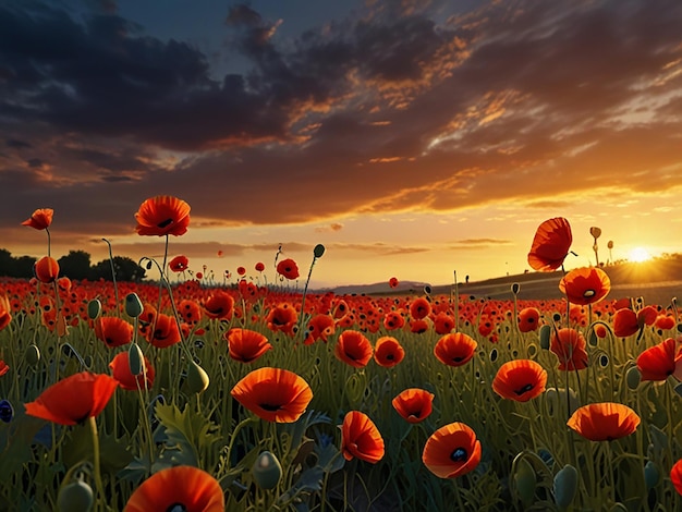 a field of red flowers with the sunset in the background