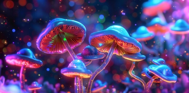 A field of red mushrooms with a bright orange glow in the background