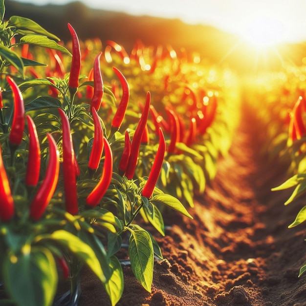 a field of red peppers with the sun shining through the background