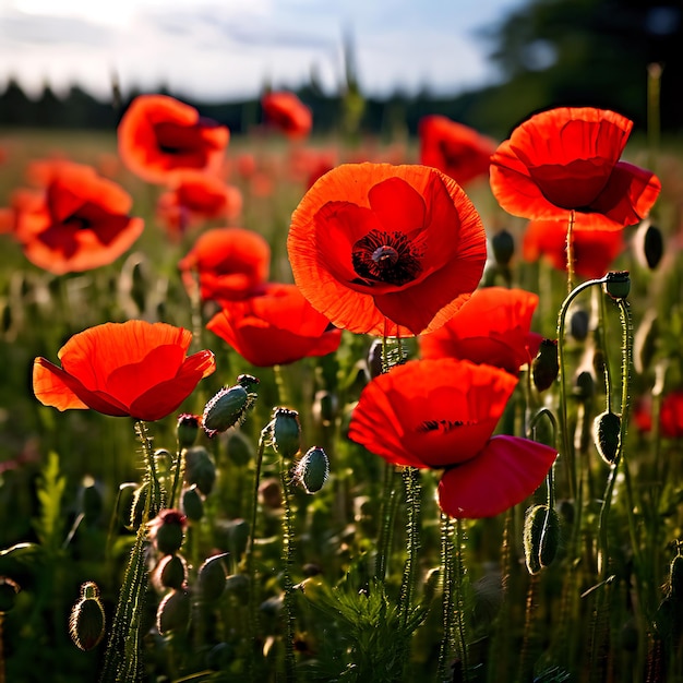 a field of red poppies with a sky background