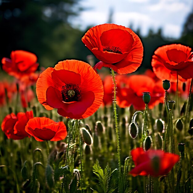 a field of red poppies with the word  bee  on the side