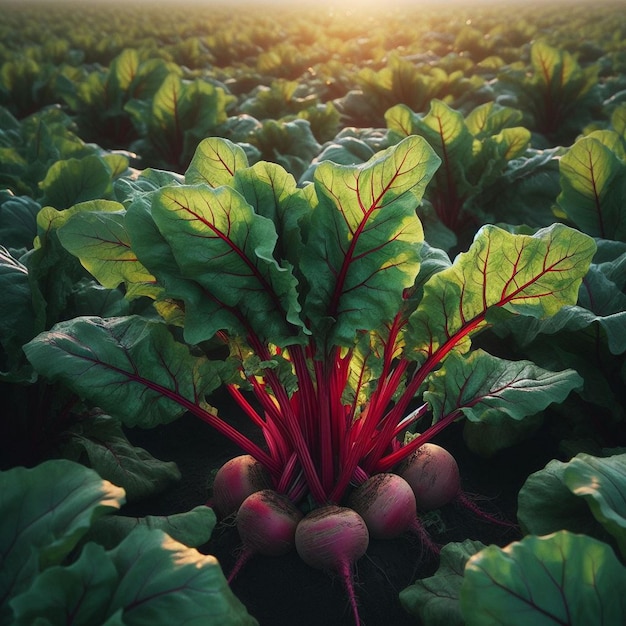 a field of red radishes with the sun shining through them