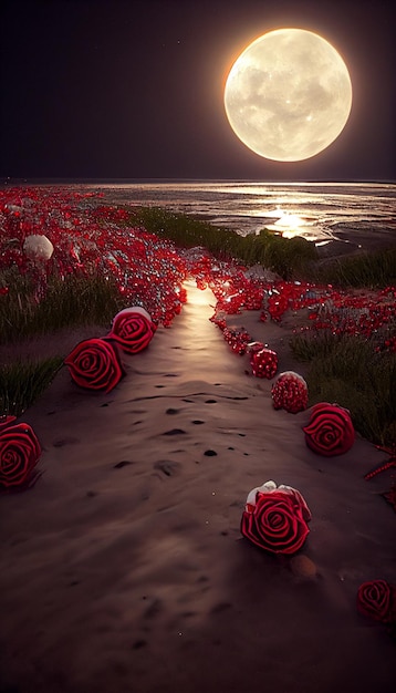 Field of red roses with a full moon in the background generative ai