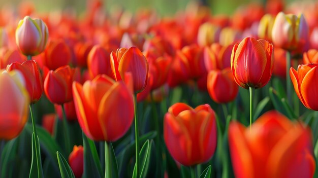 A field of red tulips with a single flower in the foreground