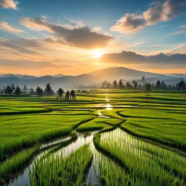 Photo a field of rice with a stream in the middle of it