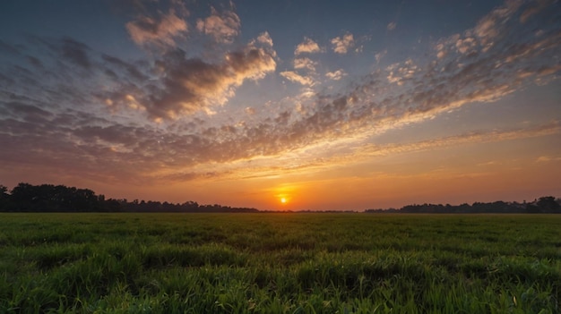 a field of rice with a sunset in the background