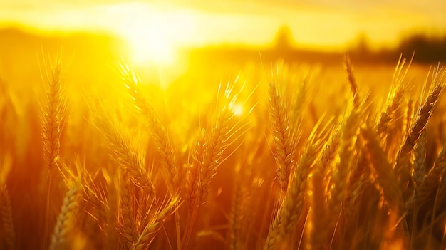 A field of ripe wheat with the sun setting in the background