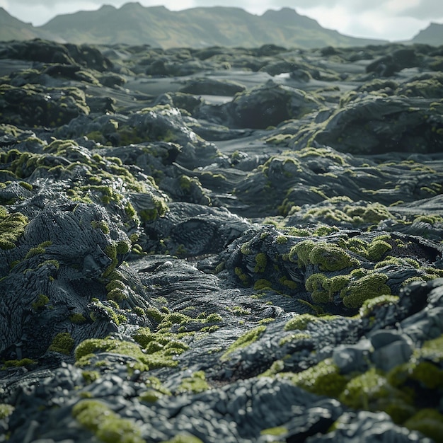 a field of rocks with a mountain in the background