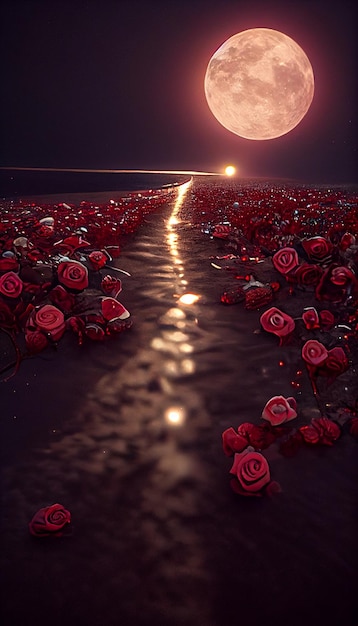 Field of roses with a full moon in the background generative ai